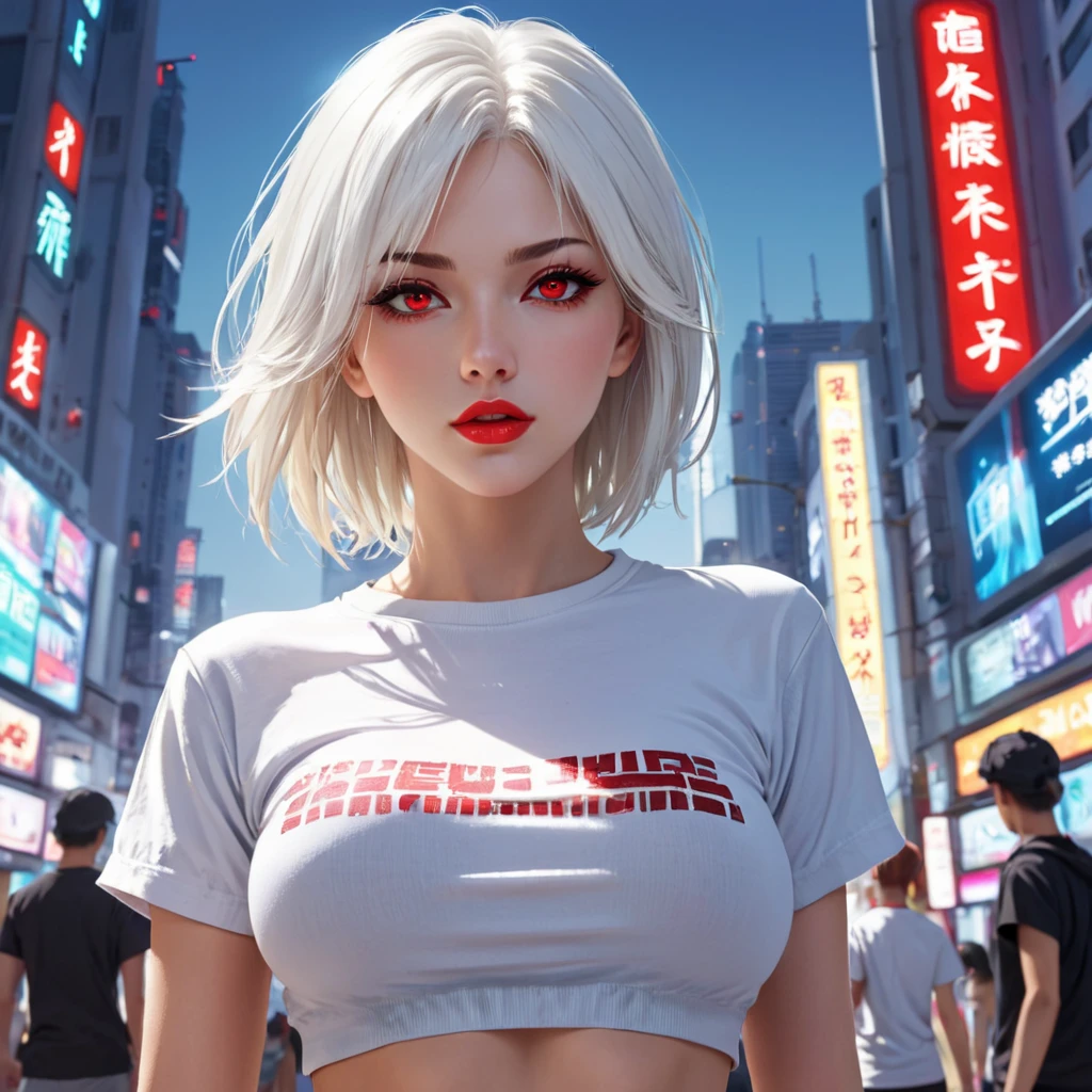 Original text : Original text :  short, Dirty girl,  group member with white hair  ,  red eyes,  close-up , Reality,  in a T-shirt and sweatpants ,  solid colors , futuristic city,  dynamic camera angle ,  Full body in beautiful anime style  ,  clean detailed faces , complex clothing, Similar colors , bright shades, beautiful gradient, depth of field,  hair blond , clear image,  high quality,  high detail, very accurate ,  Luminous Studio ,  pretty face,  thin waist,  perfect breast nipples beautiful breasts seductive poses red lips full length full face
