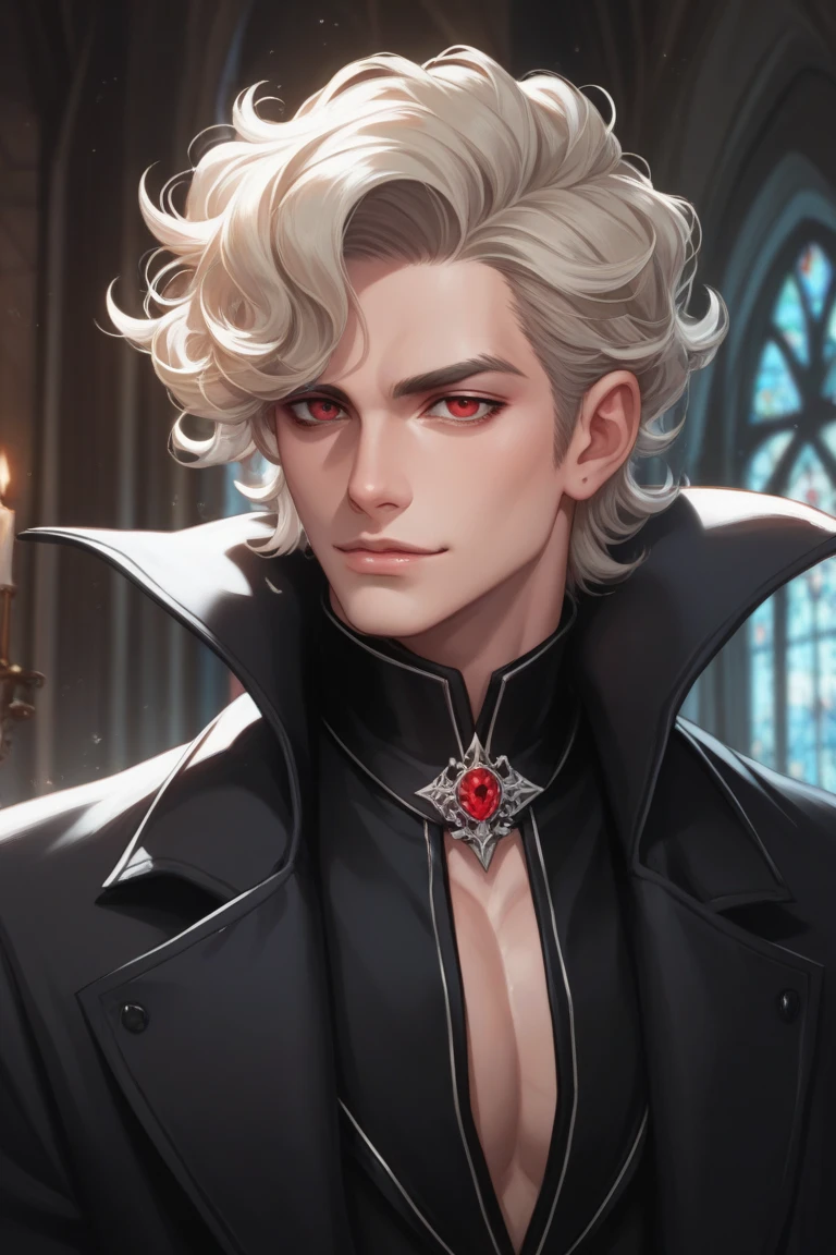dracula, lord vampiro, fundo escuro e sombrio, castelo, posando pra foto, estilo castlevania, 60 anos, olhos vermelhos, cabelo longo cacheado, cabelo branco, roupa preta e vermelha, ar de superioridade, Evil look, cavanhaque, barba branca, bigode branco