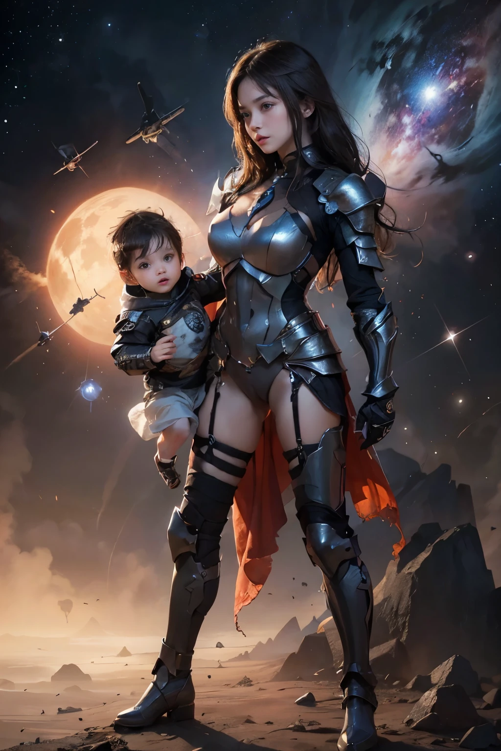 Best quality, realistic, image of beauty woman fight pose holding year-old babyboy, looking camera, full body, transparan armor, no panty, outerspace galaxy background