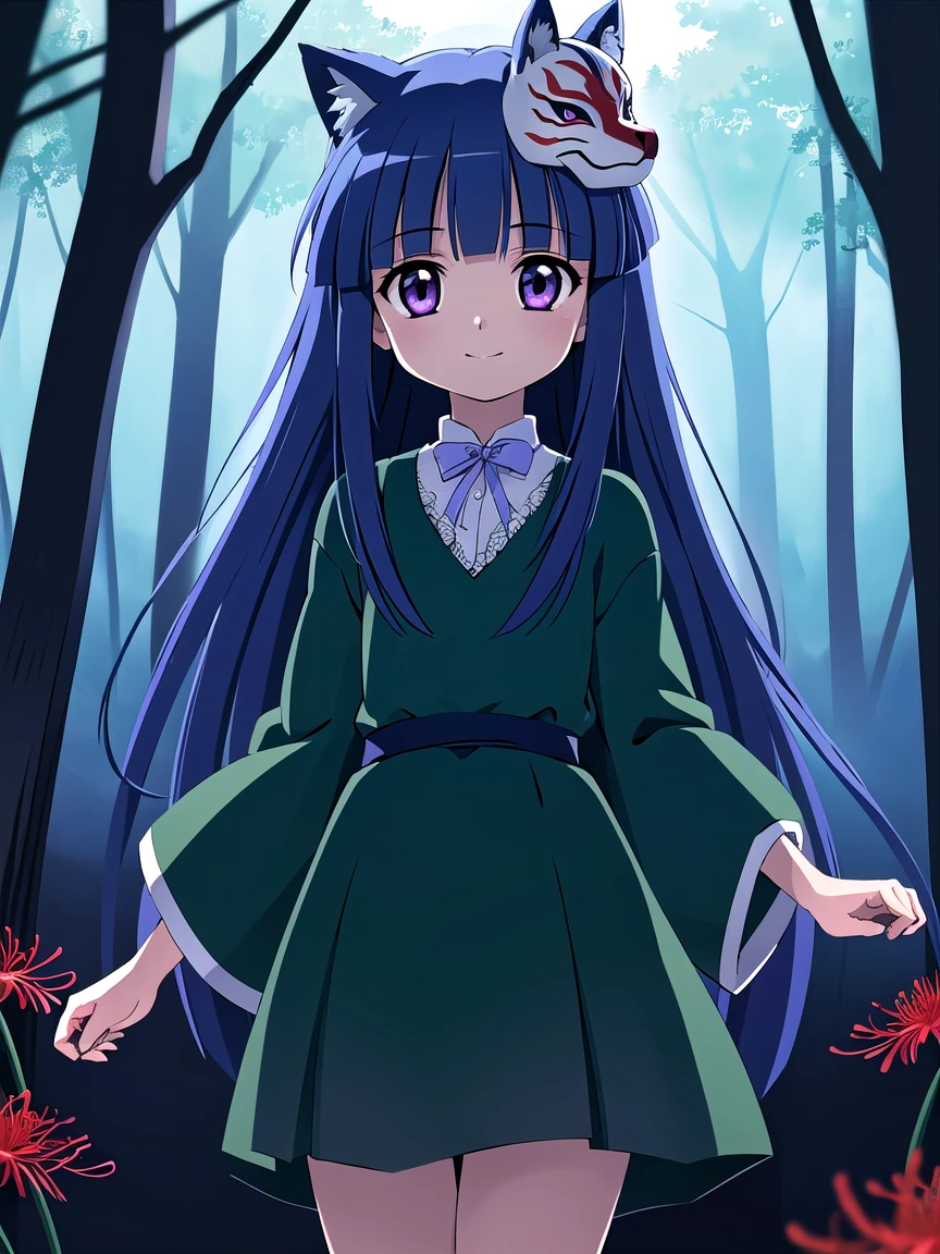 ((masterpiece,  top quality )), high definition , super detailed ,8k,16k, detailed background,  perfect lighting,  1 girl,Alone, Watch viewers, Furute Rika, blue hair,  purple eyes , long hair,blunt bangs,Green Dress,Red spider lily,forest,Fox Mask,