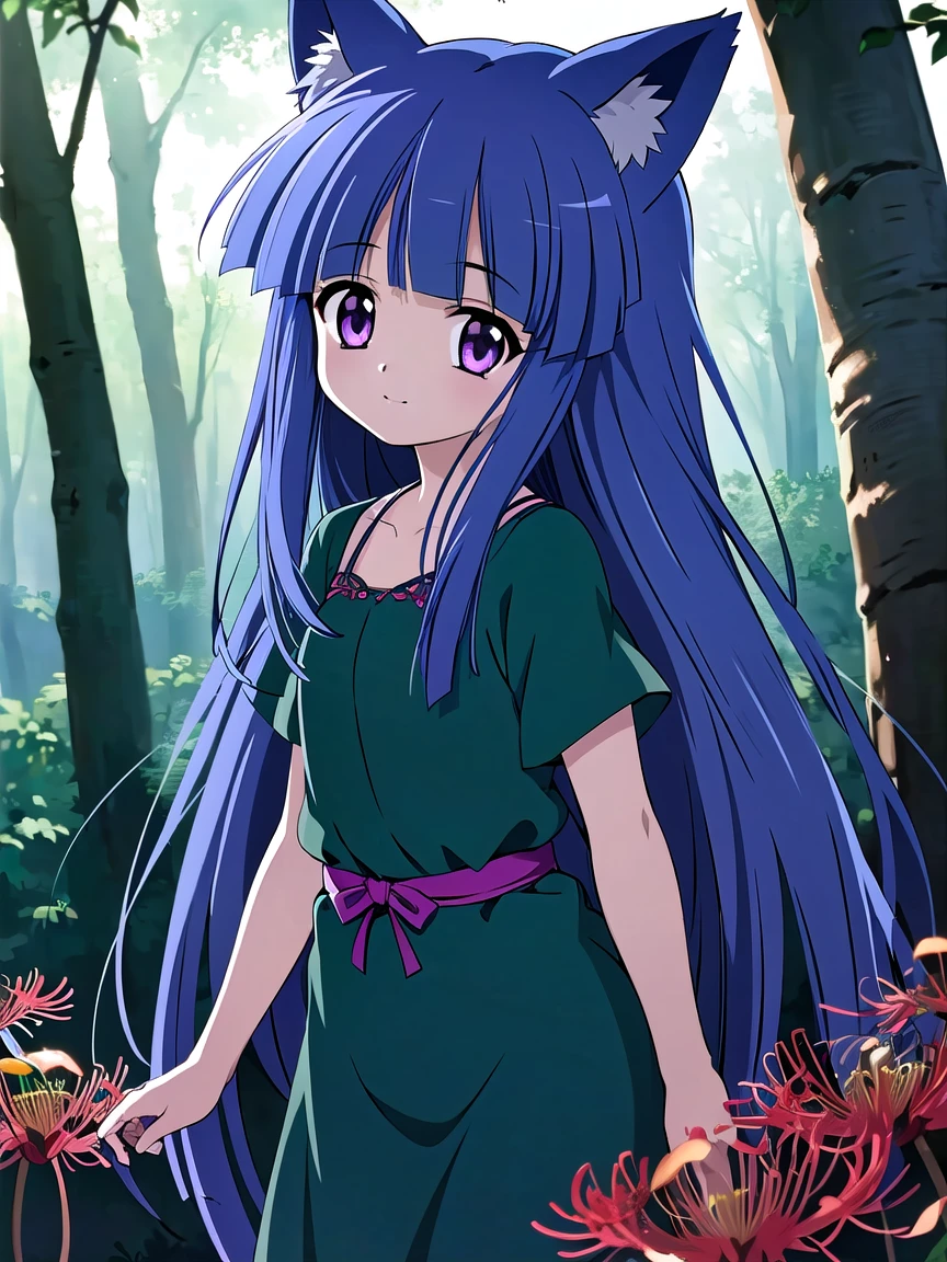 ((masterpiece,  top quality )), high definition , super detailed ,8k,16k, detailed background,  perfect lighting,  1 girl,Alone, Watch viewers, Furute Rika, blue hair,  purple eyes , long hair,blunt bangs,Green Dress,Red spider lily,forest,Fox Mask,