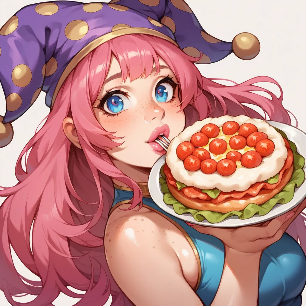 1 fille , magicienne , fait apparaître une pizza par magie , Grand sourire , cheveux roux