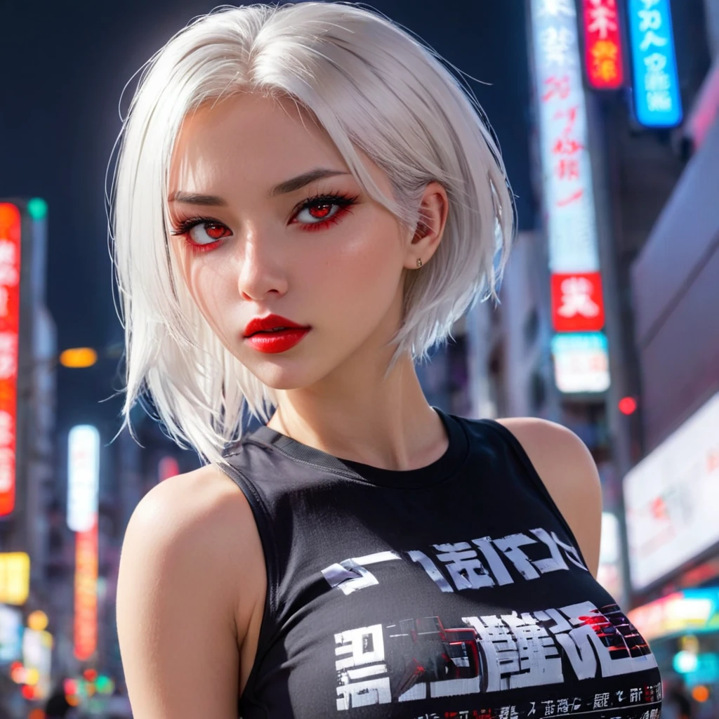 Original text : Original text : short, Dirty girl,  white hair band member,  red eyes,  close-up , Reality,  in a T-shirt and sweatpants , hard colors , futuristic city,  dynamic viewing angle ,  Full body in beautiful anime style ,  clean detailed faces , complex clothing, Similar colors , bright shades, beautiful gradient,  depth of field,  blonde hair , clear image,  high quality,  high detail, very accurate ,  Luminous Studio ,  pretty face,  thin waist,  perfect breast nipples ,  beautiful breasts ,  seductive poses , red lips,  full height, full face
