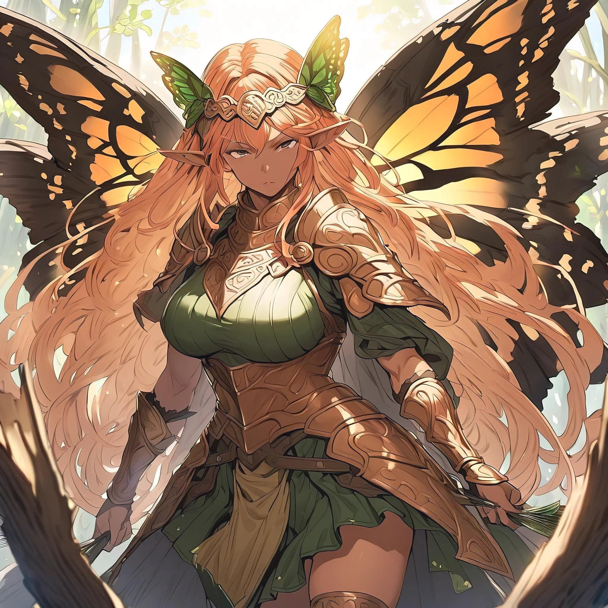 Anime, high detailed, 1 woman, mature woman, fairy woman, elf ears, extremely long alburn hair, tanned skin, curvy body, big Breasts, celtic armor, celtic warrior armor, ornamented headband, skirt, narrowed eyes, serious, butterfly's wings, spreading her butterfly's wings, full body, standing