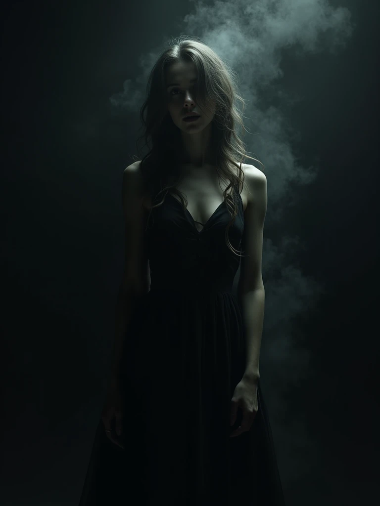 RAW Photo of Sports Evil Queen of Darkness, pale skin, long light brown hair, A Slavic woman sings on stage, ominous vibe, black mist, Long hair, Elegant Sophisticated Fashion Pose, dressed in stylish modern black clothes, Nikon D850, 4 Kodak Portra 400 ,camera f1.6 lens ,hyper realistic ,lifelike texture , Cinestill 800