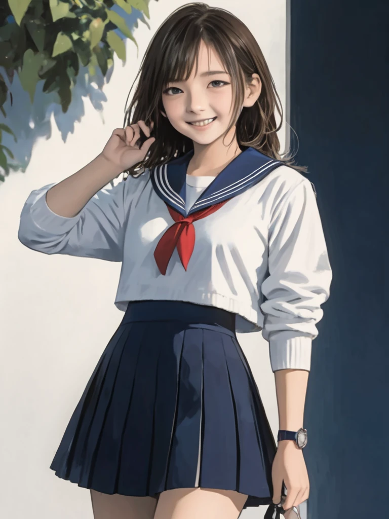 (masterpiece, top quality , high definition , realistic :1.2),(A high school girl wearing a long-sleeved sailor suit:1.2), (  She's wearing a short navy blue pleated skirt,  I can see my white pants slightly .:1.2),( I can see how many teeth I have and I'm smiling  :1.3),Convinced face、Forehead　((Alone:1.52))、 high school girl、 boyish、 20 year old high school girl with a wry smile、（Sublime Beauty、Elegant and graceful: 1.2）、 cute face、 short hair、amount、 black hair、 center part