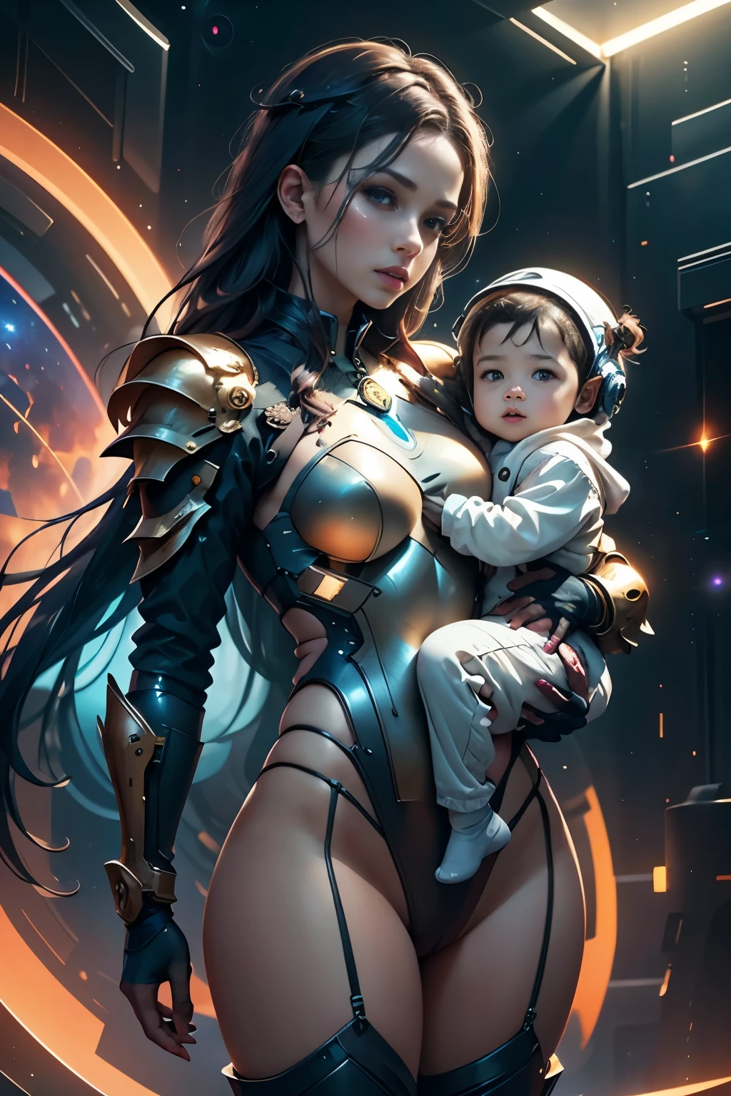 Best quality, realistic, image of beauty woman fight pose holding year-old babyboy, looking camera, full body, transparan armor, no panty, outerspace galaxy background