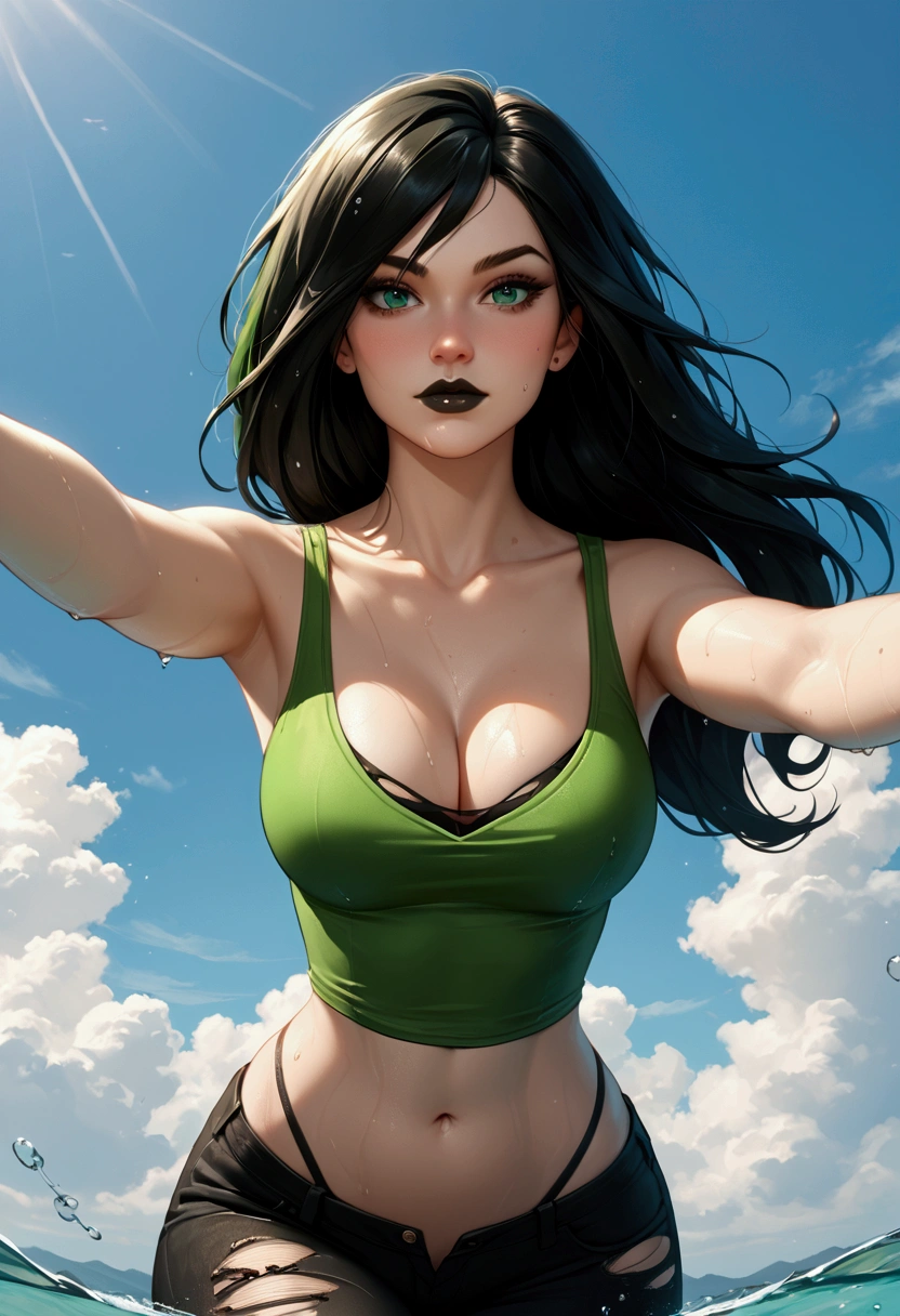 (masterpiece, best quality, very aesthetic, absurd), (8k, RAW photo, best quality), (highly detailed wallpaper), score_9, score_8_up, score_7_up, score_6_up, score_5_up, score_4_up, solo, 1girl, Shego, black hair, black lipstick, green eyes, sky diving, ((blue sky with clouds)), (((wearing green tank top, cleavage, navel, black ripped pants, black high rise thong))) sky diving, peaceful sky, detailed realistic, wet body. dynamic angles, Close up, POV, hand reaching out to viewer, falling through the sky