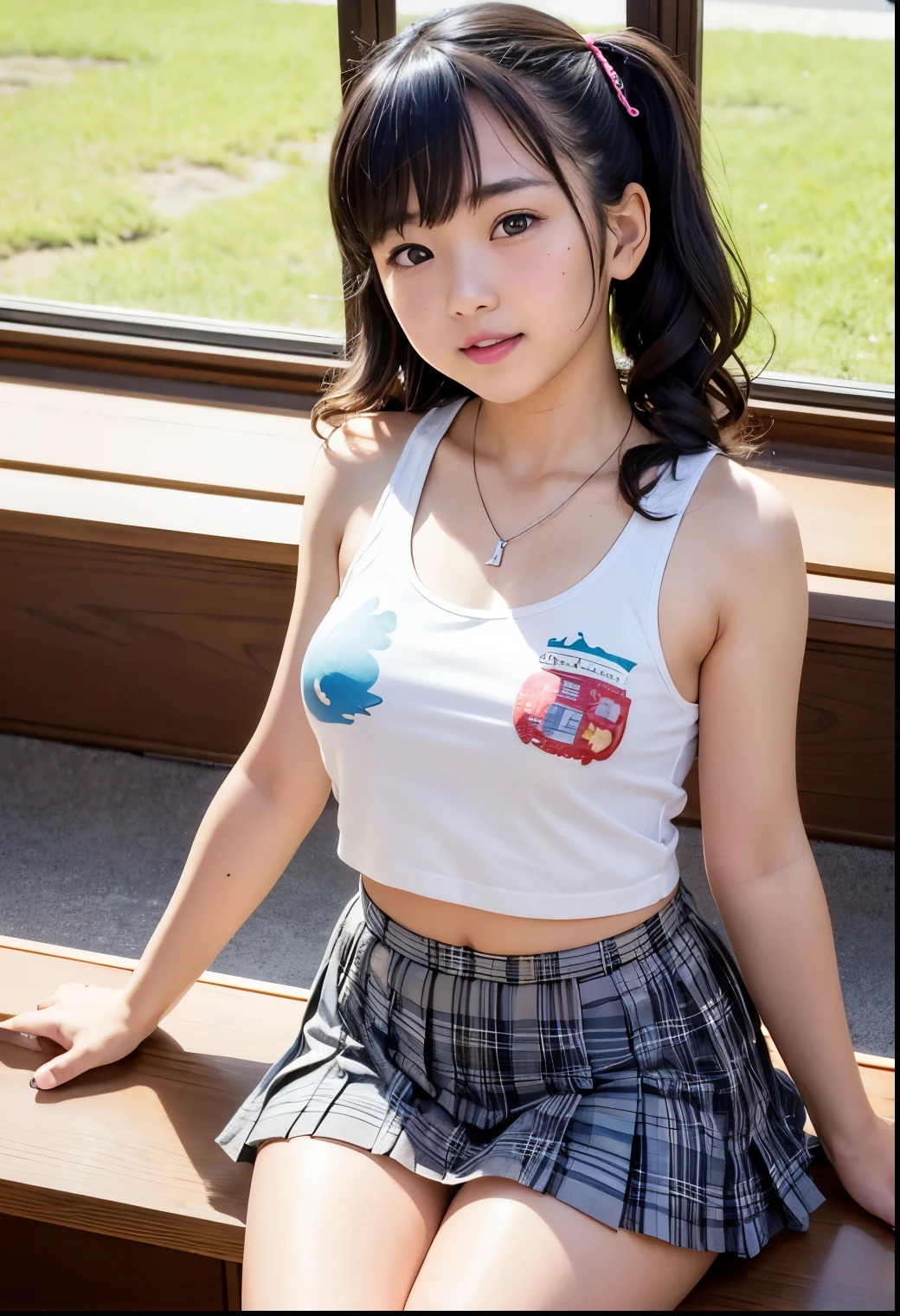 ( top quality ,masterpiece:1.3, super high resolution ),( very detailed、 caustics) ( realistic :1.4, RAW shooting、)Ultra- realistic Capture、 very detailed、 natural skin texture、masterpiece、(Japanese wearing a printed tank top and pleated skirt:1.3)、 cute expression 、Expression of happiness、、: 、baby face、 innocent gingly cute、 twin tail hairstyle、Curly Hair、ribbon、 black hair、 Big Breasts、Shining thighs、Shining Ass、 necklace、Okinawa's coast in midsummer、Sit on the terrace of a cafe with a view of the sea、Background details、smile、 invite a gaze、( anatomically accurate)、 cowboy shot、 attention to detail、Panties exposed、