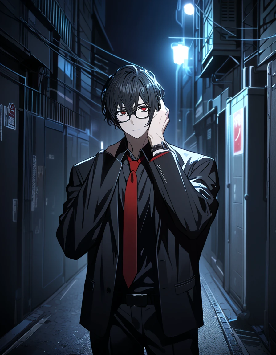 Male, short black hair, red eyes, formal black pants, black shirt, red necktie, cowboy shot, looking at viewer, night, dark, black jacket, open jacket, alley, holding his own head, glasses