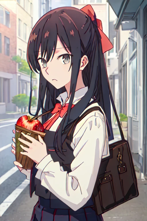  top quality , masterpiece,  high definition , Alone, {fruit_May_yaginekifruitninaru:1.15}, length_hair, black_hair, 前hair, bow, ribbon, gray_eye,  1 girl, Anime_Coloring, bowtie, closure_mouth,  watching _in_viewer, School_uniform, sfruitle, black_eye,  shirt,  portrait on the road, red_bow