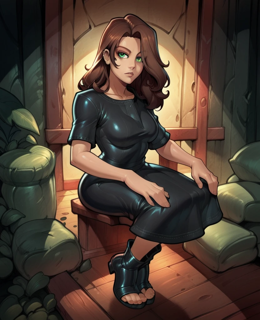 score_9,score_8_up,score_7_up, evelinexl,green eyes,long hair,brown hair,looking at viewer,hair over one eye, expressionless, black dress,short sleeves, looking at viewer, dark house,dark lighting,reiq art style,perfect feet,wearing open toe boots