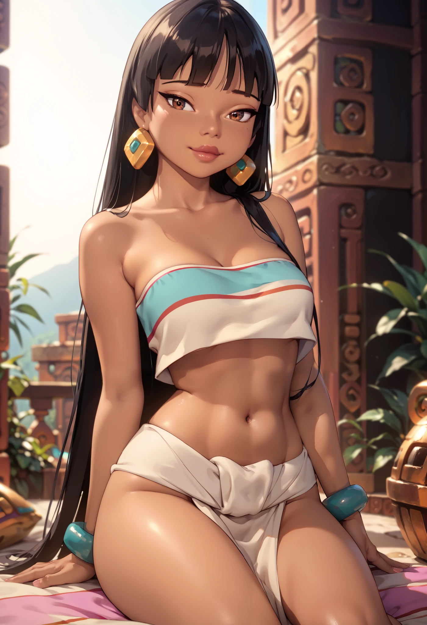 extremely detailed CG, high resolution, best quality, masterpiece, single woman, brown skin, chel (El Dorado), brown eyes, (beautiful detailed eyes: 1.4), black hair, blue earrings, bandeau bra, slim waist, loincloth, natural pose, prehispanic civilization