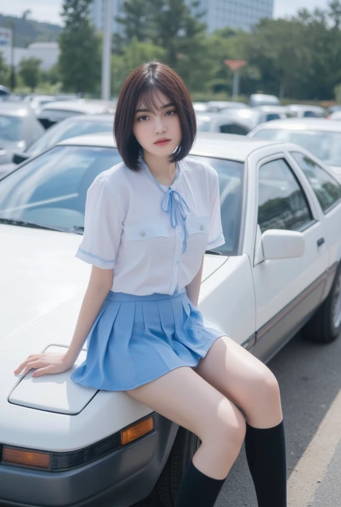 A young woman in a school uniform posing next to a white car Toyota AE86. She sitting on the hood of a car. She is wearing a blue skirt, a white blouse, and black knee-high socks. Her hair is styled in a bob with bangs and she is looking directly at the camera with a serious expression. Behind her, there are other cars parked in a parking lot and a building.