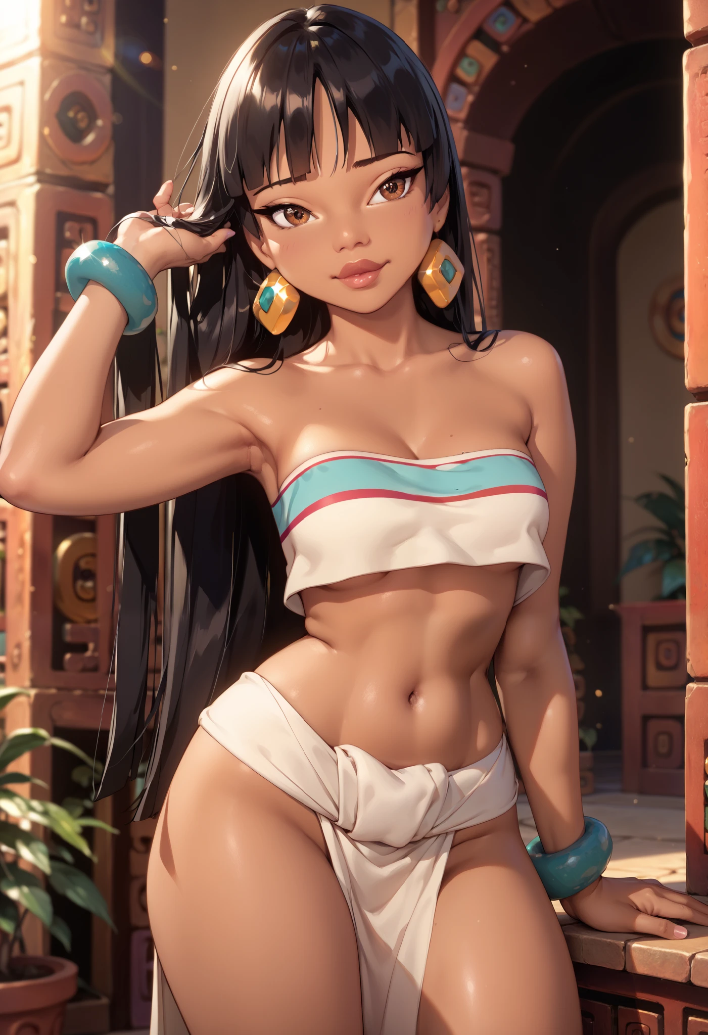 extremely detailed CG, high resolution, best quality, masterpiece, single woman, brown skin, chel (El Dorado), brown eyes, (beautiful detailed eyes: 1.4), black hair, blue earrings, bandeau bra, slim waist, loincloth, natural pose, prehispanic civilization