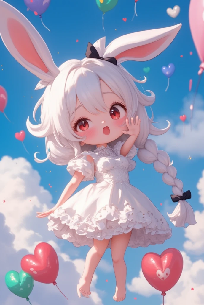  Cute pop balloons shaped  "thanks ". Pop and vivid and comical and colorful and  art.  All floating in zero gravity lightness .  beautiful and colorful heart and star marks . rabbit \( chibi,, kawaii, Red Eyes,Orelhas de rabbit branco,  wearing a pretty white dress embroidered with shiny white silk,  luxuriously braided long white hair ,  big black hair ribbon , amazed face , to smile,  pose, waving hand, Idol\)  floating in the air.  everything floats to the sky .  good humor , grateful humor . thanking. beautiful sky.  anime style .perfect hand,detailed hand,