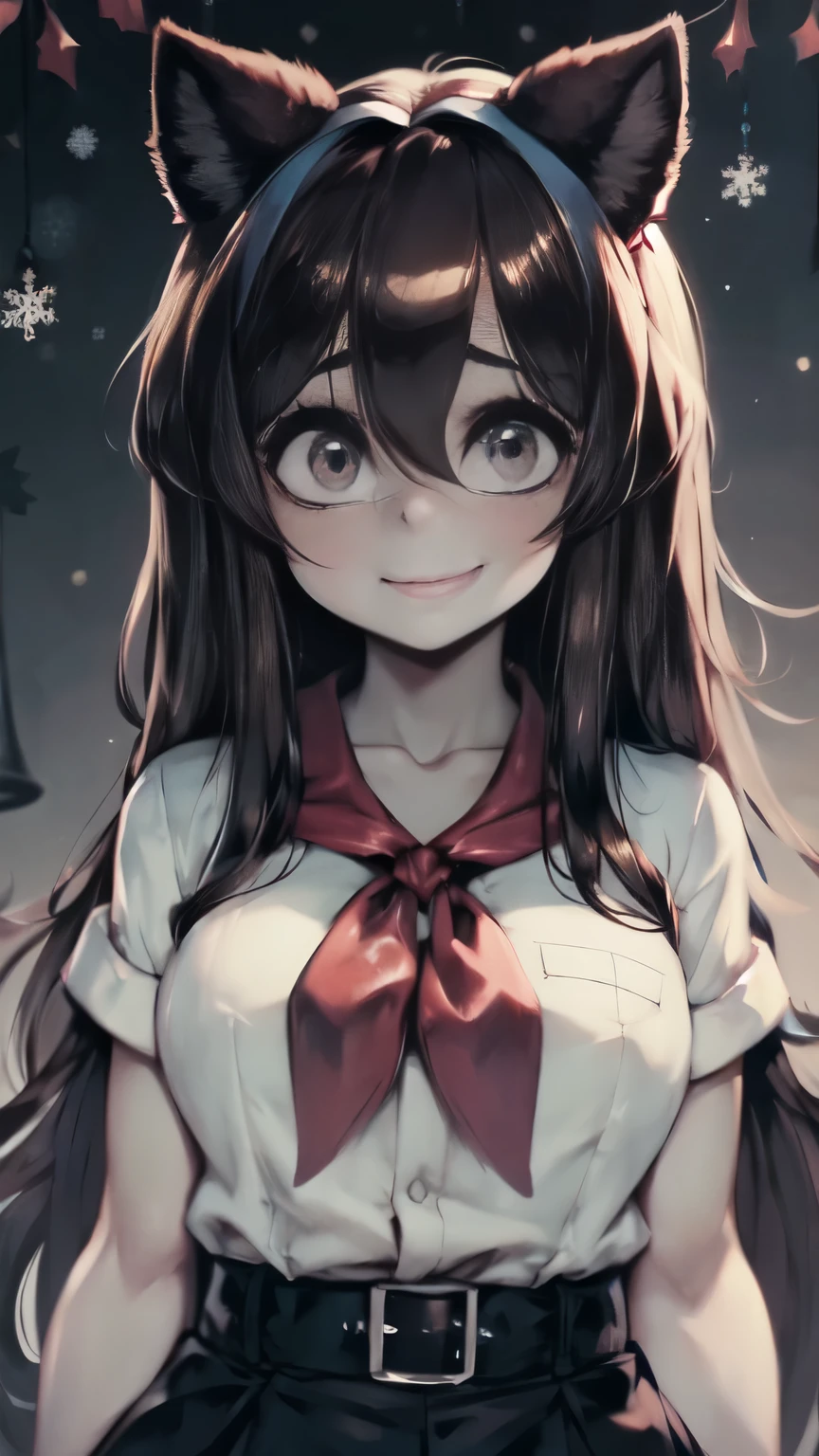 masterpiece, UHD, hiqh quality picture, source anime, very young slim fit girl, at full height, (rounded face:1.2), very long disheveled dark brown hair, (big brown eyes:1.2), horny face, horny smile, perfect flat breast, band on head with fake cat ears, parororo, pioneer neckerchief, blue thight microskirt, bangs, shirt, collarbone, white shirt, short sleeves, collared shirt, belt, neckerchief, eyelashes, red neckerchief, breast pocket, ariawm, accurate snub nose, (very long strand of hair between eyes:1.3), christmas night, forest, hold present in hands