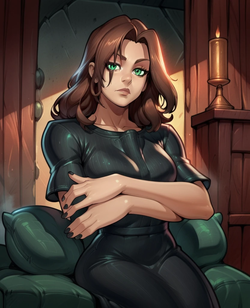 score_9,score_8_up,score_7_up, evelinexl,green eyes,long hair,brown hair,looking at viewer,hair over one eye, expressionless, black dress,short sleeves, looking at viewer, dark house,dark lighting,reiq art style,perfect feet,black nails