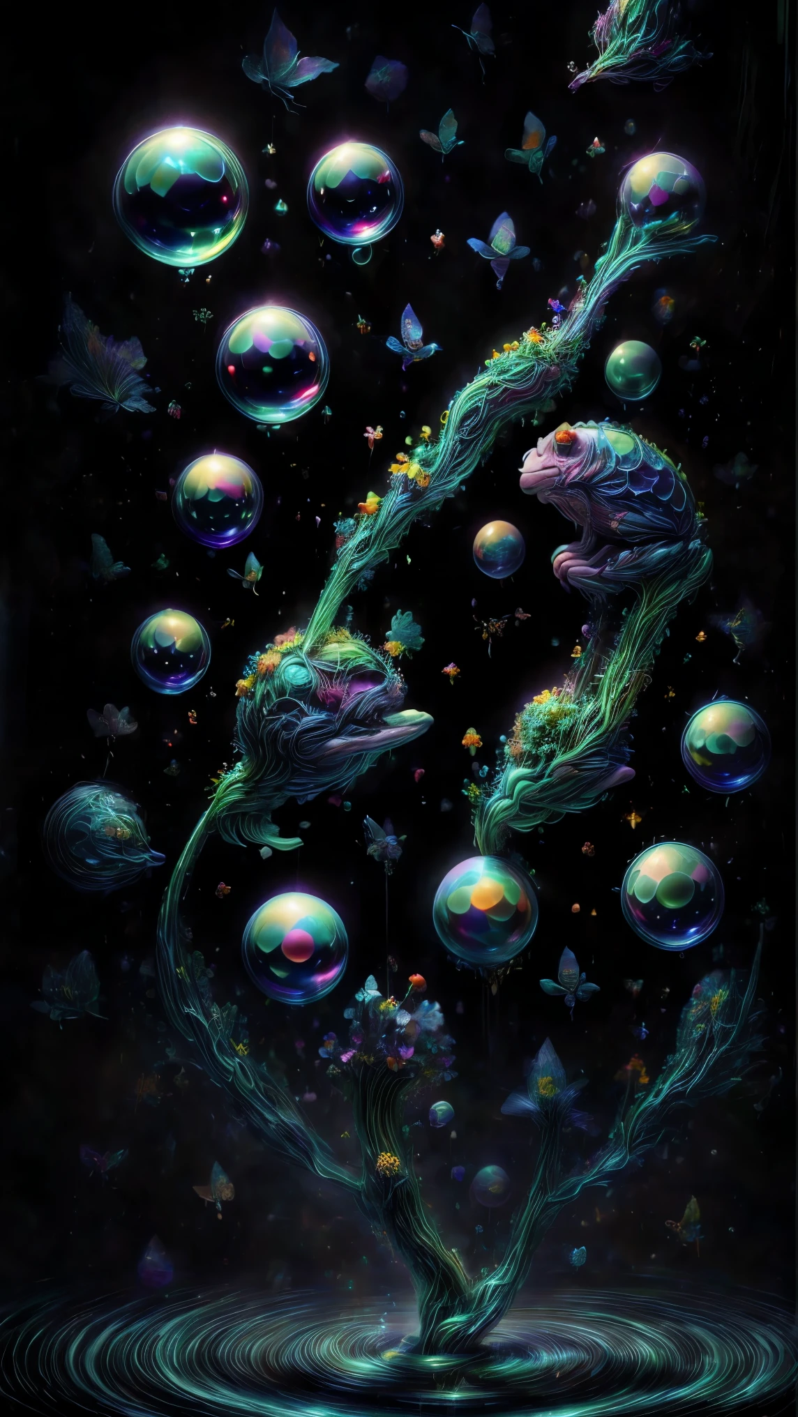 In this dimension colors and shapes change constantly. Psychedelic patterns will appear and disappear or change without warning. Space and time can warp into an optical illusion put through a colidoscope reflected in a funhouse mirror. Reality will bend and twist and spiral out of control here. The sky itself will be change from one neon color to another and will even change textures. The water will change color and thickness and then sometimes change into blood. The water sonetimes takes on a different shape and can join together and lift itself up and away at will. In the end all objects end up perfectly symmetrical spheres 9rbs and bubbles and levitate and orbit around each other. Photorealistic UHD, realism,realistic as hell, cinematic photograph, cinematic portrait,cinematic lighting,cinematography, portrait photography, hyper reality, attention to detail,full focus, nature morphism, crystal,bubble morphism, glass and water morphism,best quality, masterpiece.