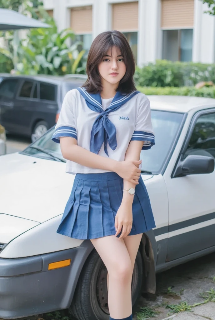 A young woman in a school uniform posing next to a white car Toyota AE86. She sitting on the hood of a car. She is wearing a blue skirt, a white blouse, and black knee-high socks. Her hair is styled in a bob with bangs and she is looking directly at the camera with a serious expression. Behind her, there are other cars parked in a parking lot and a building.