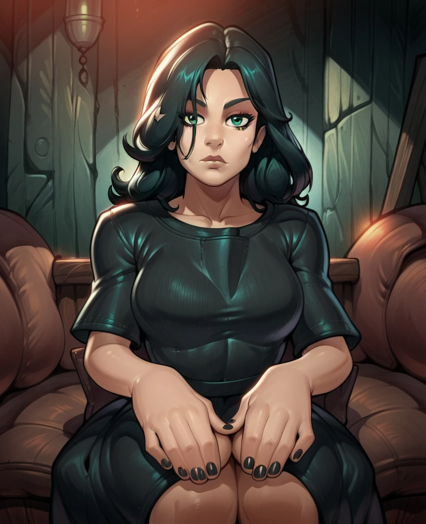 score_9,score_8_up,score_7_up, evelinexl,green eyes,long hair,black hair,looking at viewer,hair over one eye, expressionless, black dress,short sleeves, looking at viewer, dark house,dark lighting,reiq art style,perfect feet,black nails