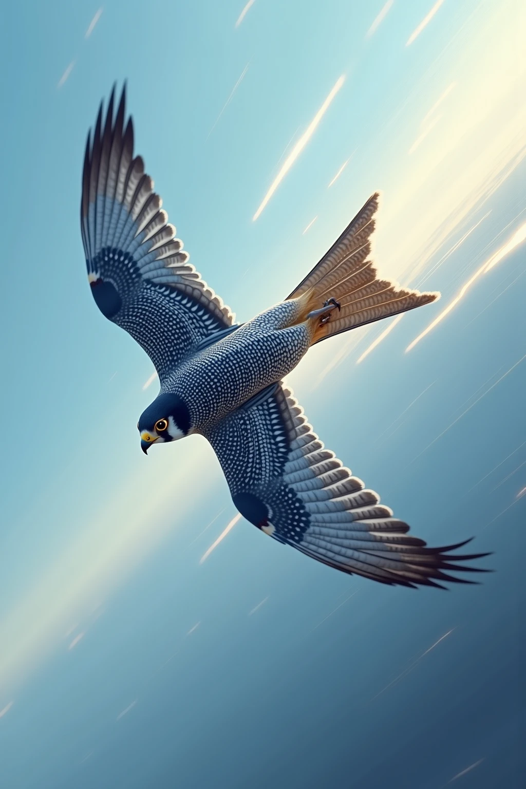 A thrilling, first-person perspective of a peregrine falcon in the midst of a high-speed dive, showcasing its unparalleled predatory vision. The scene is viewed through the falcon’s sharp, binocular focus, with the world around it appearing as a distorted, blurred tunnel of motion, emphasizing the incredible velocity. The edges of the image are streaked with dynamic motion lines and faint distortions caused by the rush of air.

Far below, the falcon’s prey is sharply in focus—a small bird or rabbit, vividly detailed and locked within the falcon’s targeting gaze, its every movement frozen by the predator's keen eyesight. The ground beneath appears to rush upward in a mix of browns and greens, with features such as rocks, trees, or grasslands becoming progressively clearer as the falcon closes in.

The colors are vibrant but selectively detailed, reflecting the falcon's ability to focus on its target while its peripheral vision blurs out distractions. The sensation of speed is further amplified by a faint, transparent layering of air currents streaking past, pulling the viewer into the falcon’s aerodynamic descent.

The lighting creates sharp contrasts, with sunlight streaming through patches of clouds in the upper part of the scene, casting dynamic shadows across the rapidly approaching ground. This immersive image captures not only the falcon’s unparalleled speed but also the precision and clarity of its predatory instincts in action, offering a rare glimpse into the world as seen by the fastest bird on Earth.