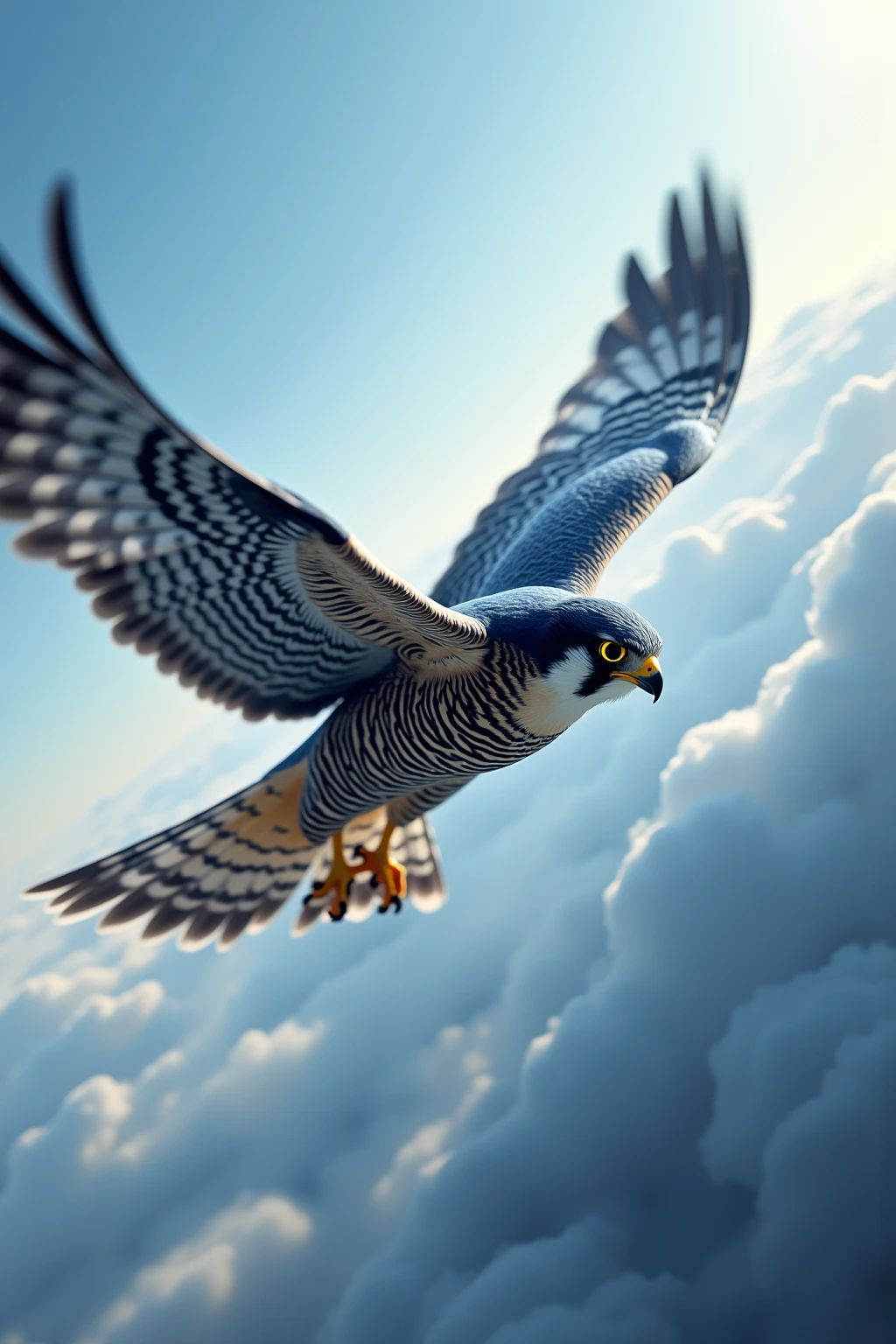 A thrilling, first-person perspective of a peregrine falcon in the midst of a high-speed dive, showcasing its unparalleled predatory vision. The scene is viewed through the falcon’s sharp, binocular focus, with the world around it appearing as a distorted, blurred tunnel of motion, emphasizing the incredible velocity. The edges of the image are streaked with dynamic motion lines and faint distortions caused by the rush of air.

Far below, the falcon’s prey is sharply in focus—a small bird or rabbit, vividly detailed and locked within the falcon’s targeting gaze, its every movement frozen by the predator's keen eyesight. The ground beneath appears to rush upward in a mix of browns and greens, with features such as rocks, trees, or grasslands becoming progressively clearer as the falcon closes in.

The colors are vibrant but selectively detailed, reflecting the falcon's ability to focus on its target while its peripheral vision blurs out distractions. The sensation of speed is further amplified by a faint, transparent layering of air currents streaking past, pulling the viewer into the falcon’s aerodynamic descent.

The lighting creates sharp contrasts, with sunlight streaming through patches of clouds in the upper part of the scene, casting dynamic shadows across the rapidly approaching ground. This immersive image captures not only the falcon’s unparalleled speed but also the precision and clarity of its predatory instincts in action, offering a rare glimpse into the world as seen by the fastest bird on Earth.