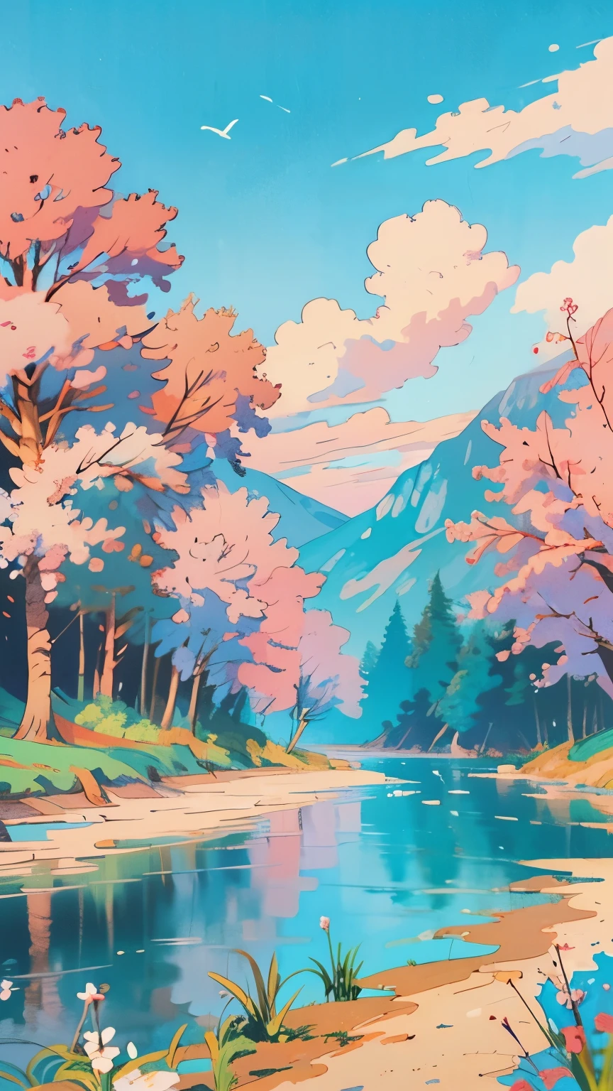 /imagine prompt: Viral anime nature wallpaper in 4K quality, in the style of illustration inspired by Rumiko Takahashi, featuring a picturesque valley with rolling hills, blossoming cherry trees, and a clear river flowing through; soft and pastel color temperature, blue sky, white clouds, no human characters, the atmosphere is calm and idyllic --v 5 --stylize 1000