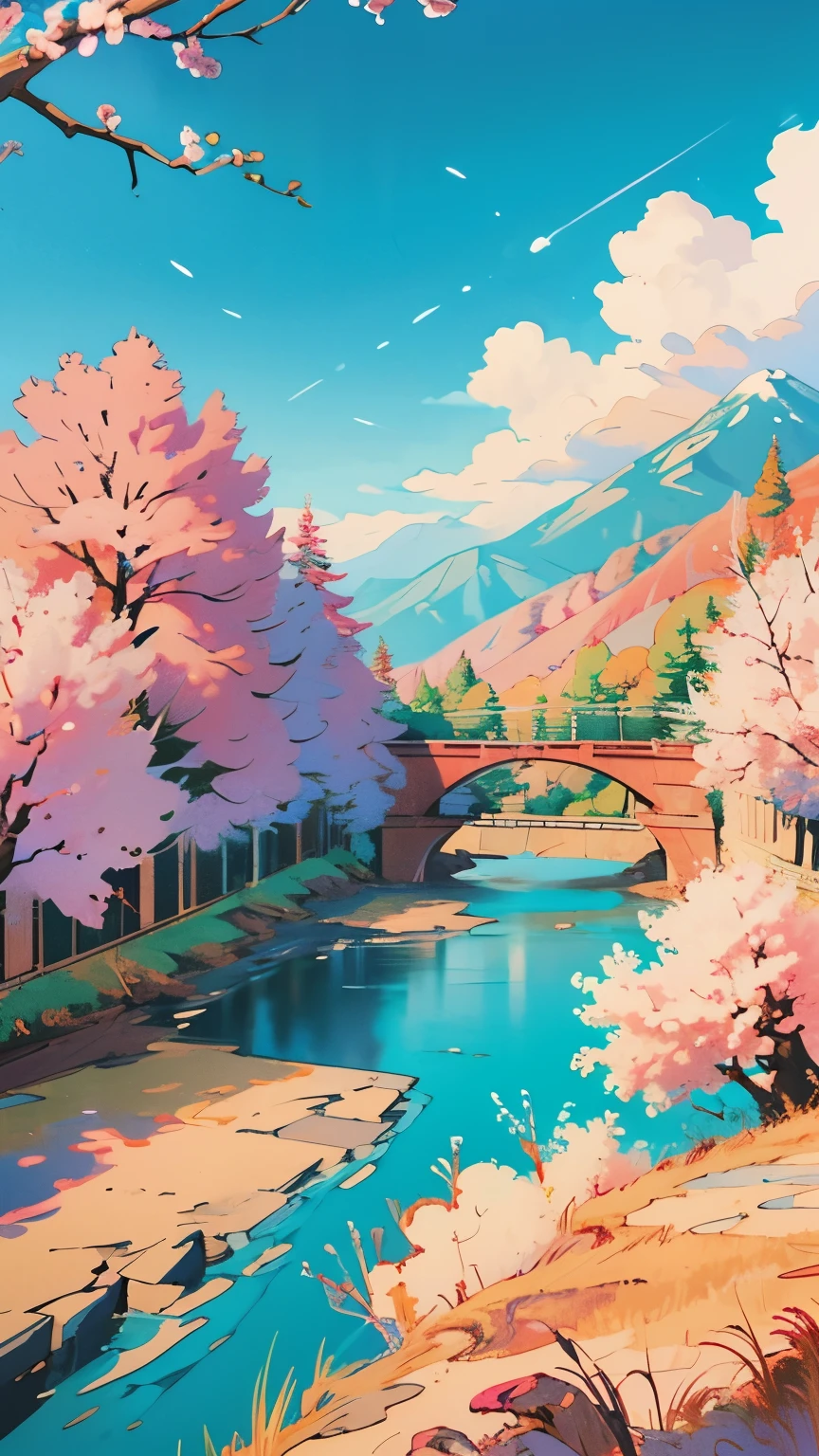 /imagine prompt: Viral anime nature wallpaper in 4K quality, in the style of illustration inspired by Rumiko Takahashi, featuring a picturesque valley with rolling hills, blossoming cherry trees, and a clear river flowing through; soft and pastel color temperature, blue sky, white clouds, no human characters, the atmosphere is calm and idyllic --v 5 --stylize 1000
