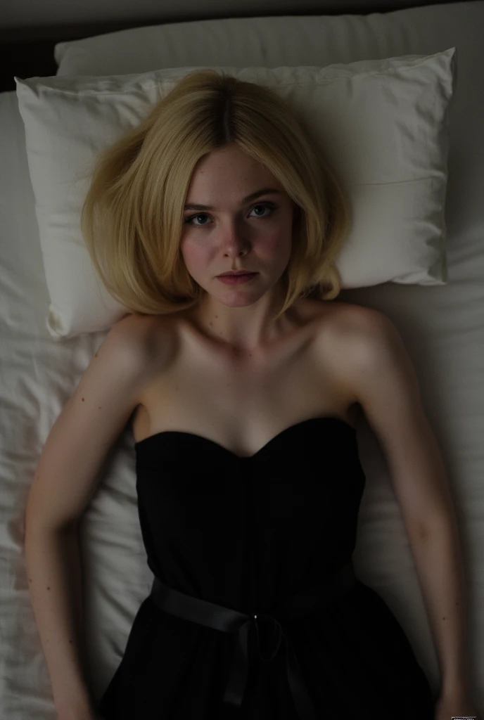 View from above, Lying on a bed drunk limp, black strapless dress, blonde bob cut hair, drunk face