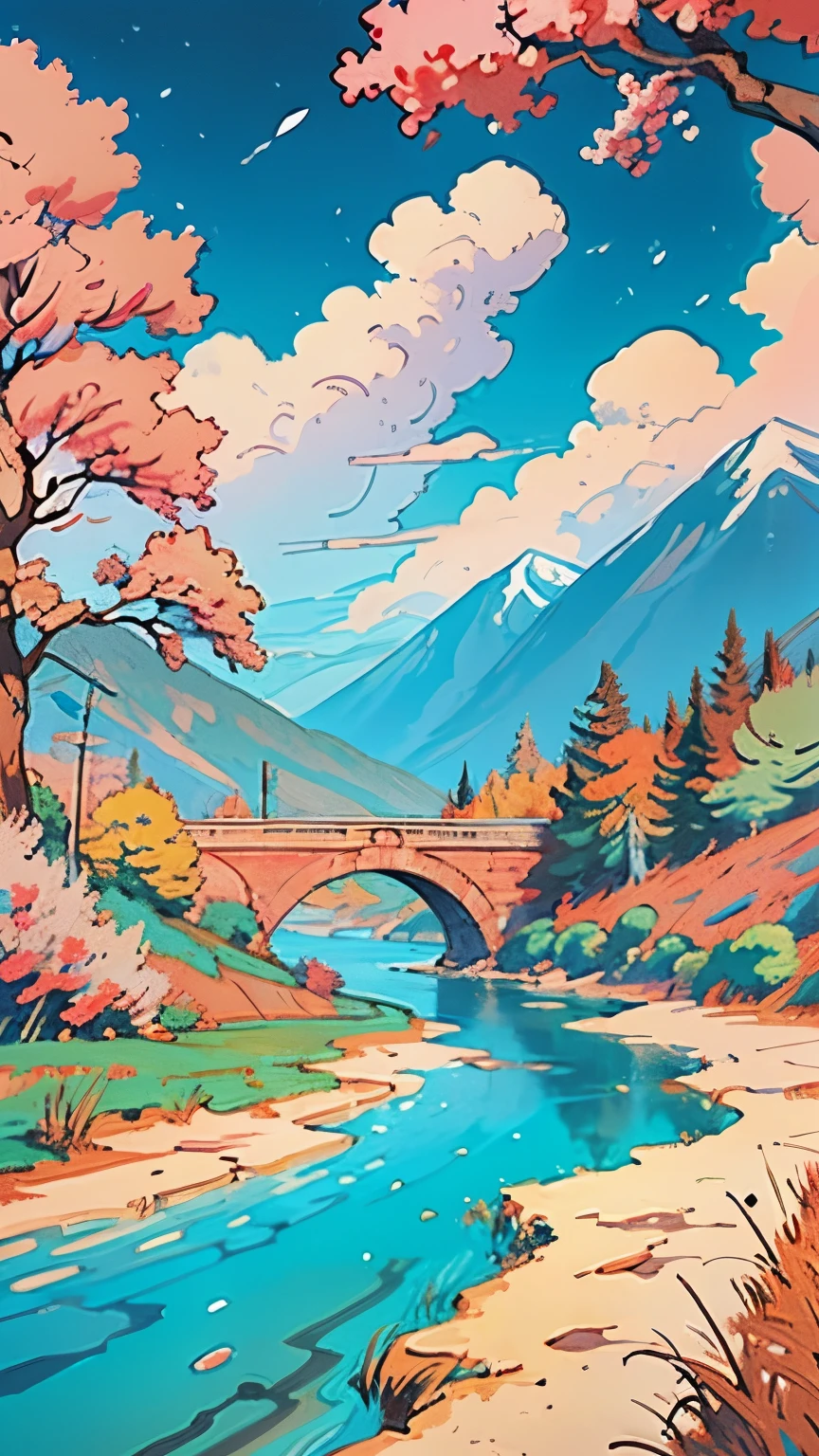 /imagine prompt: Viral anime nature wallpaper in 4K quality, in the style of illustration inspired by Rumiko Takahashi, featuring a picturesque valley with rolling hills, blossoming cherry trees, and a clear river flowing through; soft and pastel color temperature, blue sky, white clouds, no human characters, the atmosphere is calm and idyllic --v 5 --stylize 1000