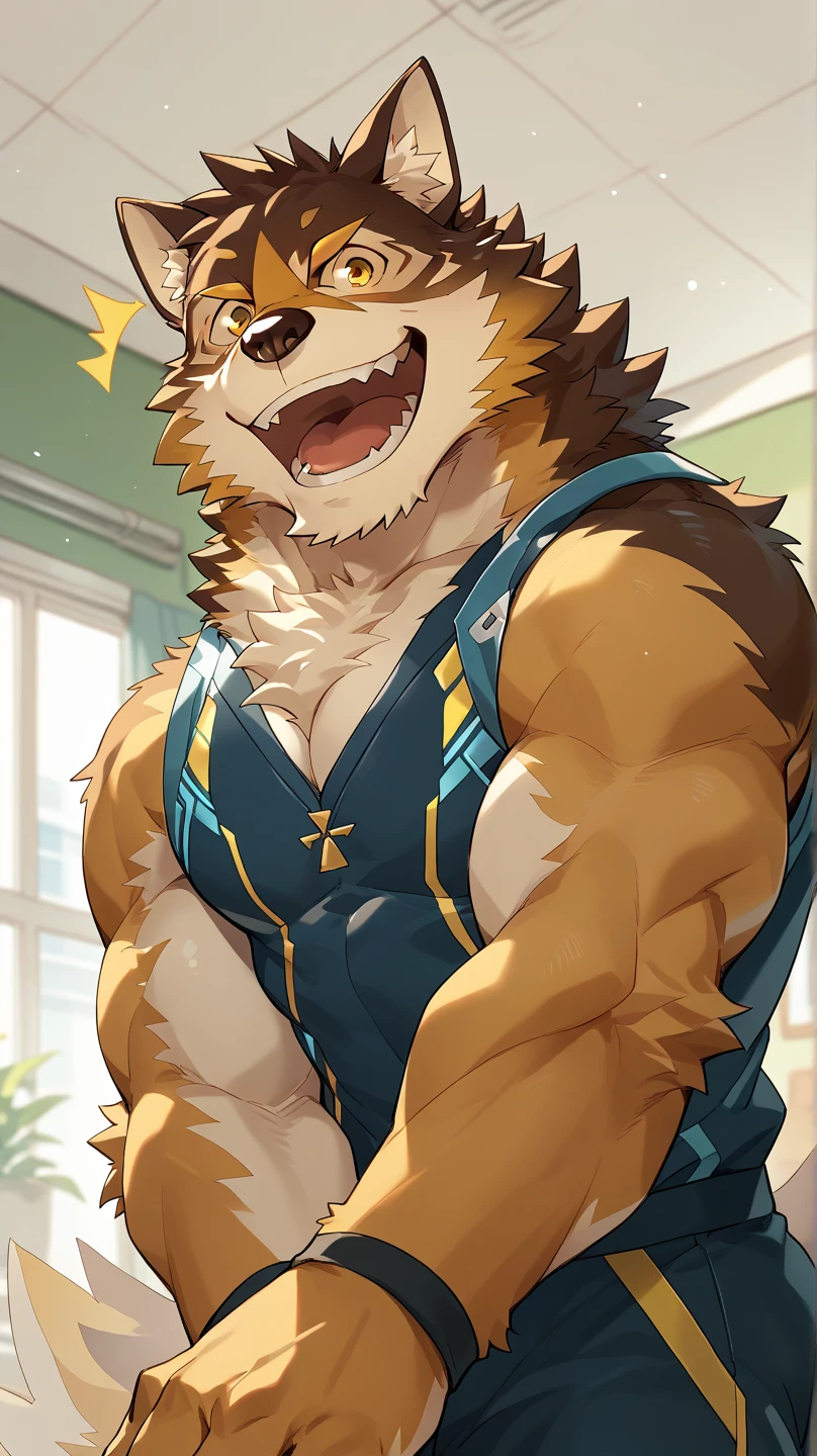 score_9, score_8_up, score_7_up, high quality, hires, solo, live a hero, furry, dog boy, muscular male, yellow eyes, tail wag, happy, room, 