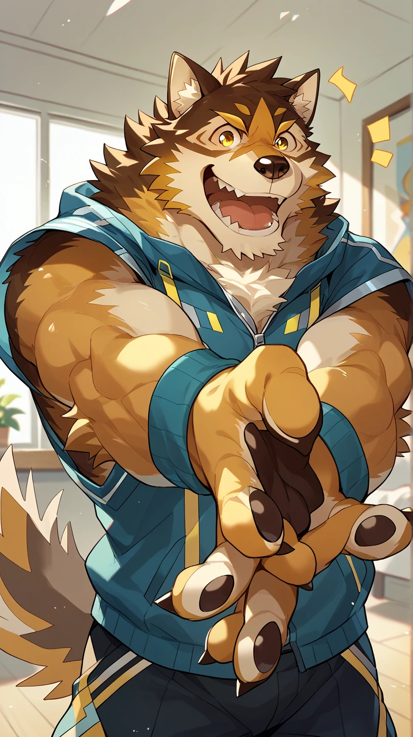 score_9, score_8_up, score_7_up, high quality, hires, solo, live a hero, furry, dog boy, muscular male, yellow eyes, tail wag, happy, room, 