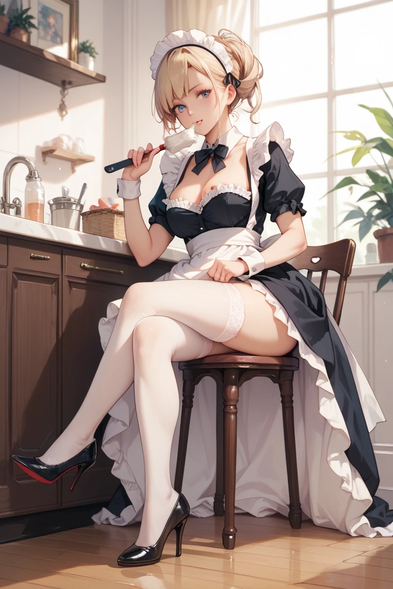 masterpiece, Highest quality, High resolution, \(style\),Sweating all over the body、vapor、Anguished expression、maid、stockings、sit、Her legs are crossed、Displeased、Blonde、curl、pants、Long skirt、Frightened expression