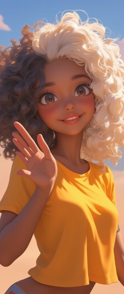 girl\(Chibi,beautiful, cute, brown black eyes ,Human brunette ,  Afro-descendant ,  wearing a pretty yellow t-shirt,  curlers white brown hair ,  Face of joy , smile, beautiful pose, waving your hand , idol\).  happy mood ,  grateful mood . Gratitude. beautiful sky.  anime style . perfect hand ,detailed hand,