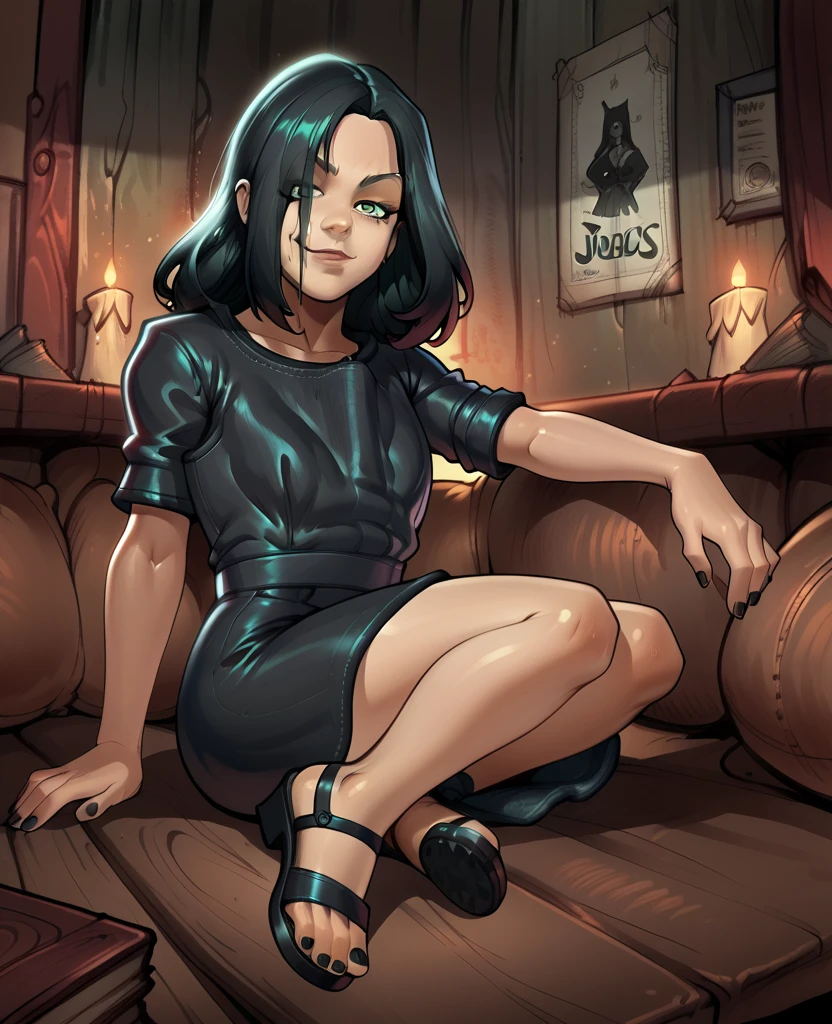 score_9,score_8_up,score_7_up, evelinexl,green eyes,long hair,black hair,looking at viewer,hair over one eye,smug, black dress,short sleeves, looking at viewer, dark house,dark lighting,reiq art style,perfect feet,black nails,wearing open toe boots