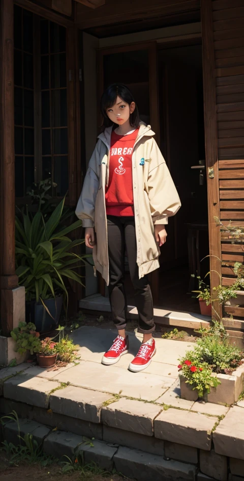 Kizi，Sit on an invisible bench in a coat and red shoes，Stretch one foot，Red and white sweatshirt trench coat，Sideways photo，Hands in pockets，fully body photo，Colorful color scheme，Trendy clothing，Leave white space above the image，Columnar patch background，Geometric pattern stitching background