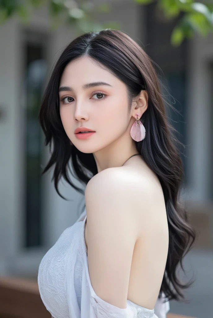 (Top Quality, 8K, Masterpiece: 1.3)), (1 person: 1.4), 1girl, Japan woman, Goddess, , portrait photography, high contrast, divine perspective, aperture F1.2, focal length 24mm, (full body: 1.2), smile, photo pose, fine lace, slip dress, simple cut dress, brand dress, simple cut, long black hair, hair tying, ultra detailed skin details, Detailed fabric texture