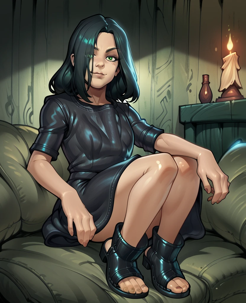 score_9,score_8_up,score_7_up, evelinexl,green eyes,long hair,black hair,looking at viewer,hair over one eye,smug, black dress,short sleeves, looking at viewer, dark house,dark lighting,reiq art style,perfect feet,wearing open toe boots,