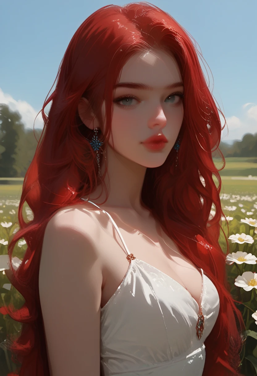 score_9, score_8_up, score_7_up, Western Comics, Portrait, girl, cute, seductive, innocent, light smile:0.3, plump lips, slender body, red hair, in white summer dress, in the field of flowers, style of dark orange and dark aquamarine, moonlit, depth of field, dynamic angle, fashion photography, sharp, hyperdetailed:1.15