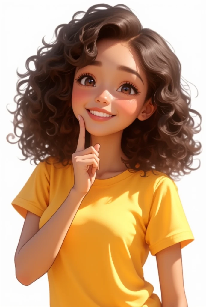 girl\(anime, cute animation , cute, brown black eyes , human little brunette,  Afro-descendant ,  wearing a pretty yellow t-shirt, Curlers brown hair ,  Face of joy , smile, beautiful pose, waving your hand , idol\).  happy mood ,  grateful mood . Gratitude.  white background.  anime style . perfect hand ,detailed hand, In a zenithal plane,  brunette brown skin , rasgos de girl morena hermosa,  defined curlers ,  for twitch image 