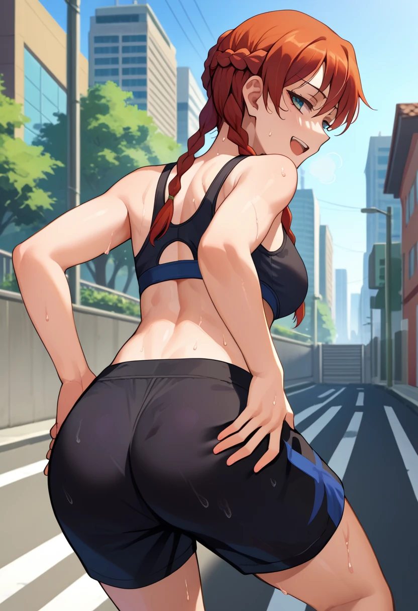 score_9, score_8_up, score_7_up, source_anime, from behind, solo, 1girl, selesia upitiria, sweat, smile, looking back, hands on own hips, twin braids, black sports bra, black shorts, ass, outdoors, city street, tired expression, out of breath, sweaty, open mouth, hands on knees bending over pose, side view, outside, city