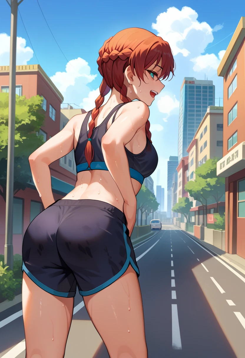 score_9, score_8_up, score_7_up, source_anime, from behind, solo, 1girl, selesia upitiria, sweat, smile, looking back, hands on own hips, twin braids, black sports bra, black shorts, ass, outdoors, city street, tired expression, out of breath, sweaty, open mouth, hands on knees bending over pose, side view, outside, city