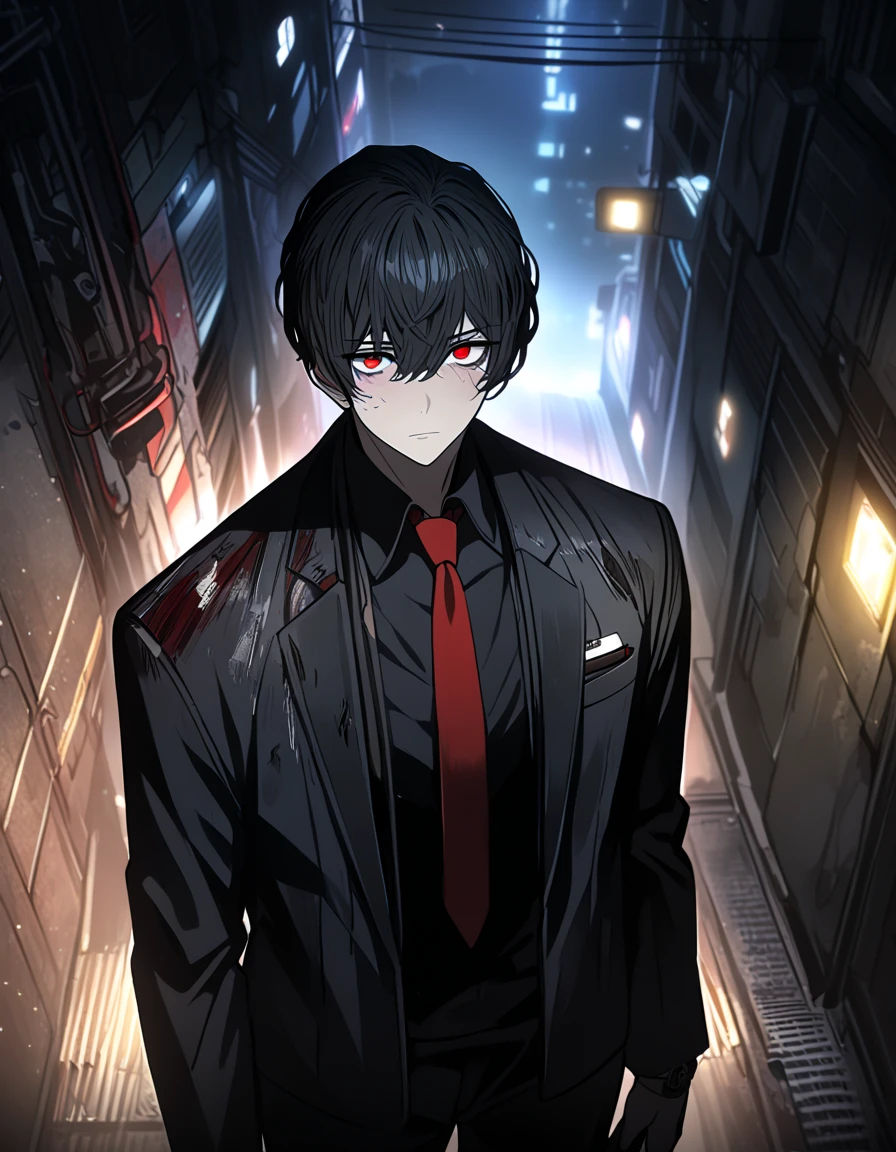 Male, short black hair, red eyes, formal black pants, black shirt, red necktie, cowboy shot, looking at viewer, night, dark, black jacket, open jacket, alley, half_cyborg_face, mechanical eye, damaged