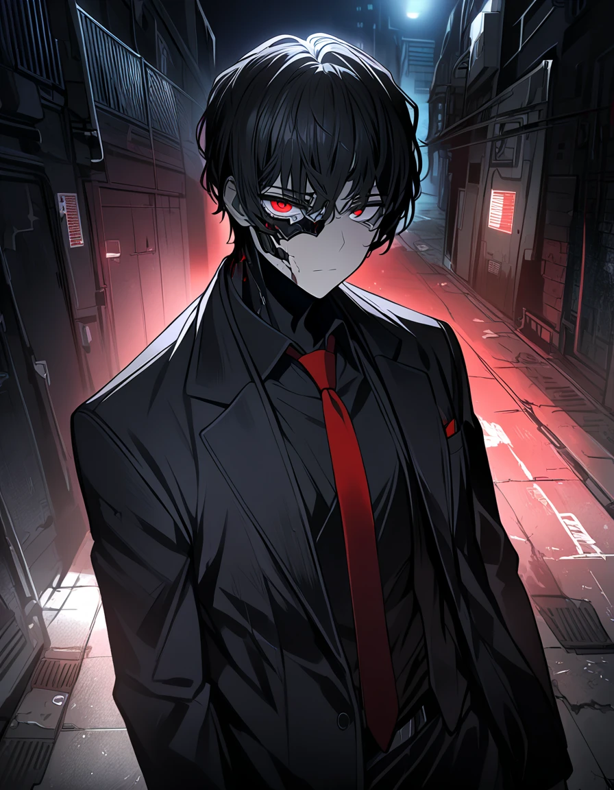 Male, short black hair, red eyes, formal black pants, black shirt, red necktie, cowboy shot, looking at viewer, night, dark, black jacket, open jacket, alley, half_cyborg_face, mechanical eye, damaged