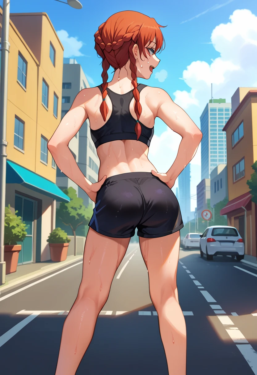 score_9, score_8_up, score_7_up, source_anime, from behind, solo, 1girl, selesia upitiria, sweat, smile, looking back, hands on own hips, twin braids, black sports bra, black shorts, ass, outdoors, city street, tired expression, out of breath, sweaty, open mouth, hands on knees bending over pose, side view, outside, city