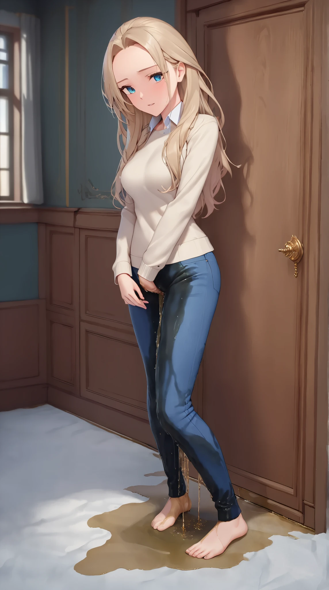 A youthful female with dazzling eyes and lovely long hair with perfect body:1.1 and medium breast is standing and (wetting herself:1.5). She is wearing a blue jeans and classic outfit and barefoot. Indoor setting in daytime in winter. Fashion photography. Looking at viewer in relief. (Best quality. Masterpiece:1.3. 16K. Detailed. Ultra high resolution). Soft natural lighting. Highly detailed face and skin texture. Detailed eyes. (Deep focus). Full body shot. Forehead.