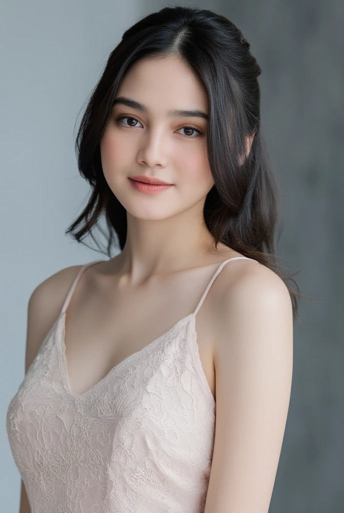 (Top Quality, 8K, Masterpiece: 1.3)), (1 person: 1.4), 1girl, Japan woman, Goddess, , portrait photography, high contrast, divine perspective, aperture F1.2, focal length 24mm, (full body: 1.2), smile, photo pose, fine lace, slip dress, simple cut dress, brand dress, simple cut, long black hair, hair tying, ultra detailed skin details, Detailed fabric texture