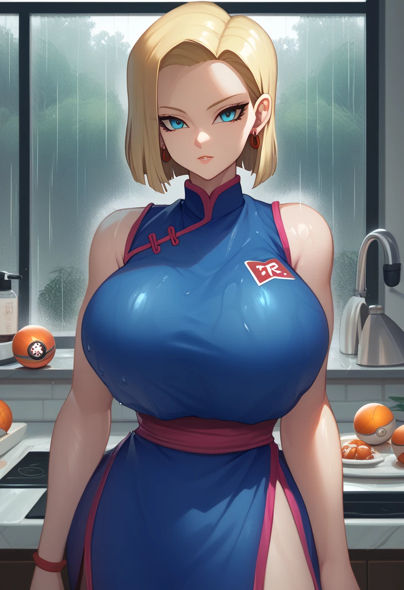  big boobs,Android 18(Dragon ball),huge breasts,giant breasts,  huge boobs, Dragon Ball art style, wearing a Qipao , Dragon Ball style eyes,in the kitchen, raining, wet clothes