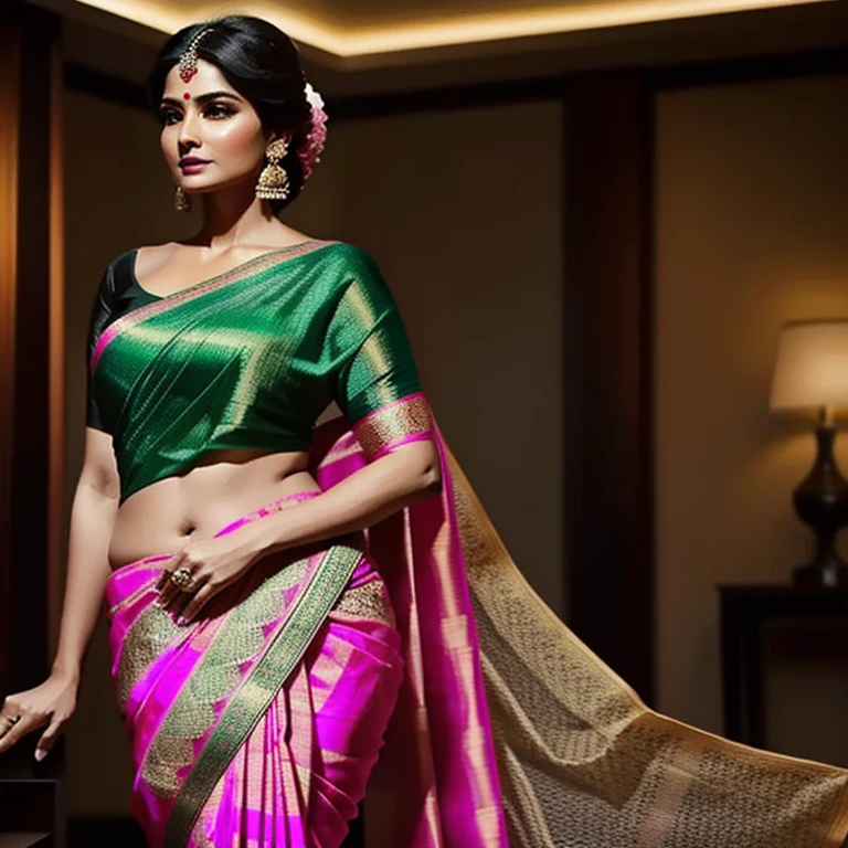 Create an realistic image of a beautiful women in saree having perfect body. She should be exposing her toned belly. Her navel should be vertically long and deep.